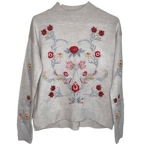 Wyld Hart Cream Floral Embroidered Mock Neck Sweater Size Medium